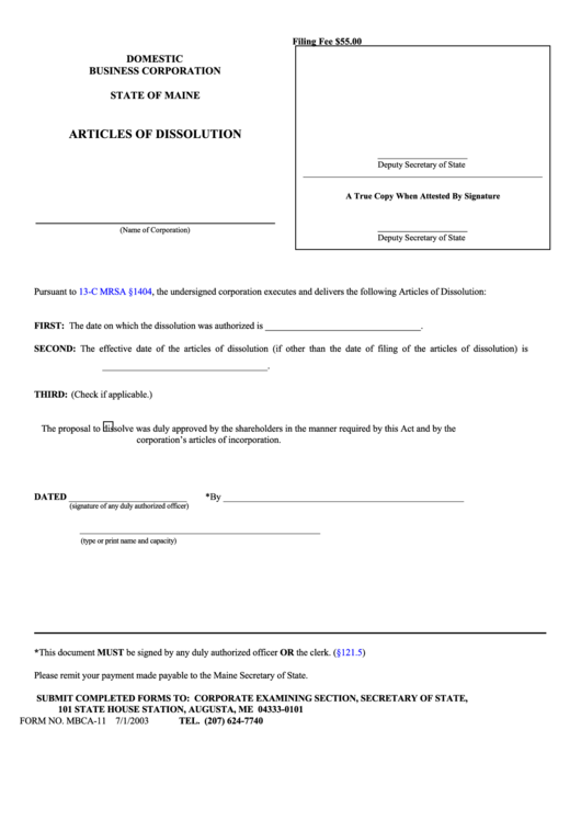 Fillable Form Mbca-11 - Domestic Business Corporation Articles Of Dissolution Printable pdf