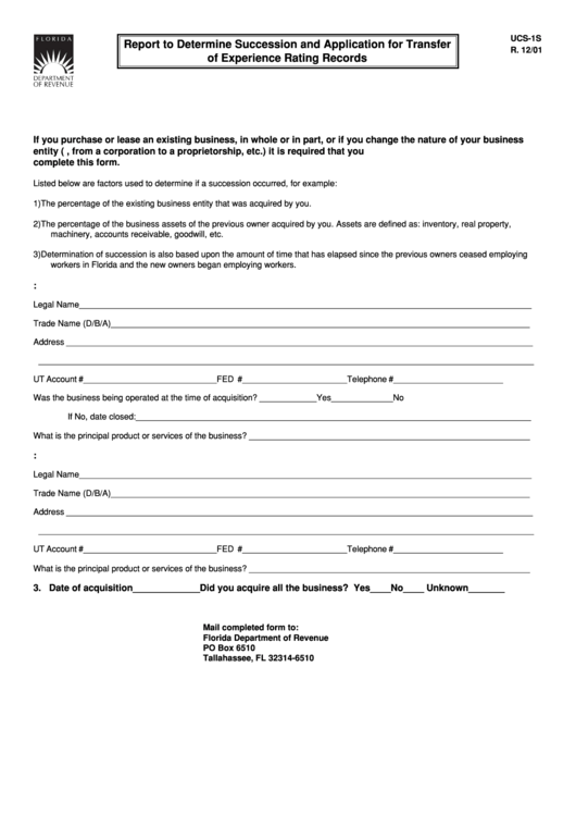 Form Ucs-1s - Report To Determine Succession And Application For Transfer Of Experience Rating Records Printable pdf