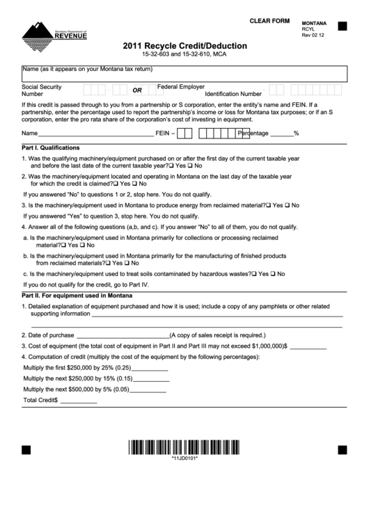 Fillable Montana Form Rcyl - Recycle Credit/deduction - 2011 Printable pdf