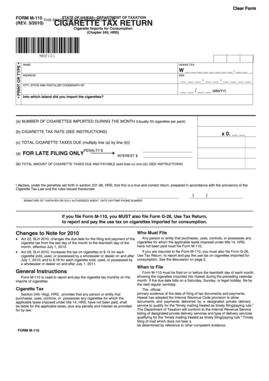 Fillable Form M-110 - Cigarette Tax Return - Hawaii Department Of Taxation Printable pdf