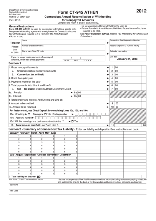 Form Ct-945 Athen - Connecticut Annual Reconciliation Of Withholding For Nonpayroll Amounts - 2012 Printable pdf