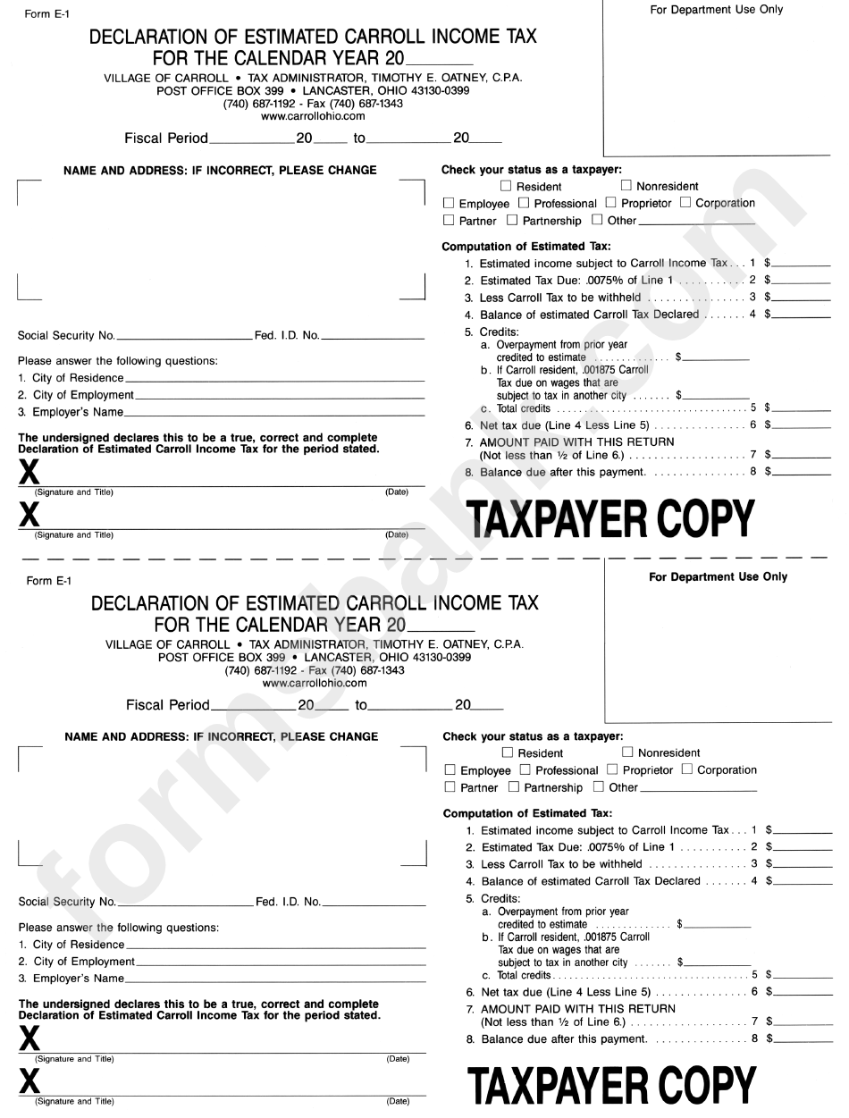 Form E-1 - Declaration Of Estimated Carroll Income Tax