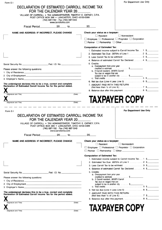 Form E-1 - Declaration Of Estimated Carroll Income Tax Printable pdf