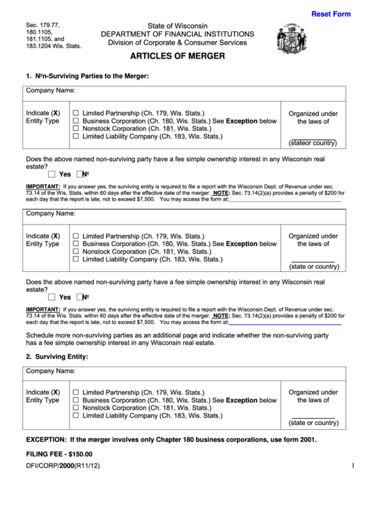 Fillable Articles Of Merger Form - Wisconsin Department Of Financial Institutions Printable pdf