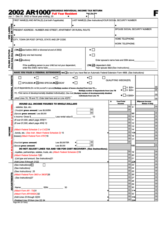 Form Ar1000 - Arkansas Individual Income Tax Return Full Year Resident - Ar Department Of Finance And Administration - 2002 Printable pdf