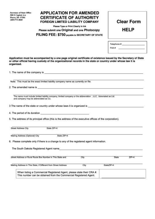Fillable Application For Amended Certificate Of Authority Foreign Llc Form - South Dakota Decretary Of State - 2012 Printable pdf