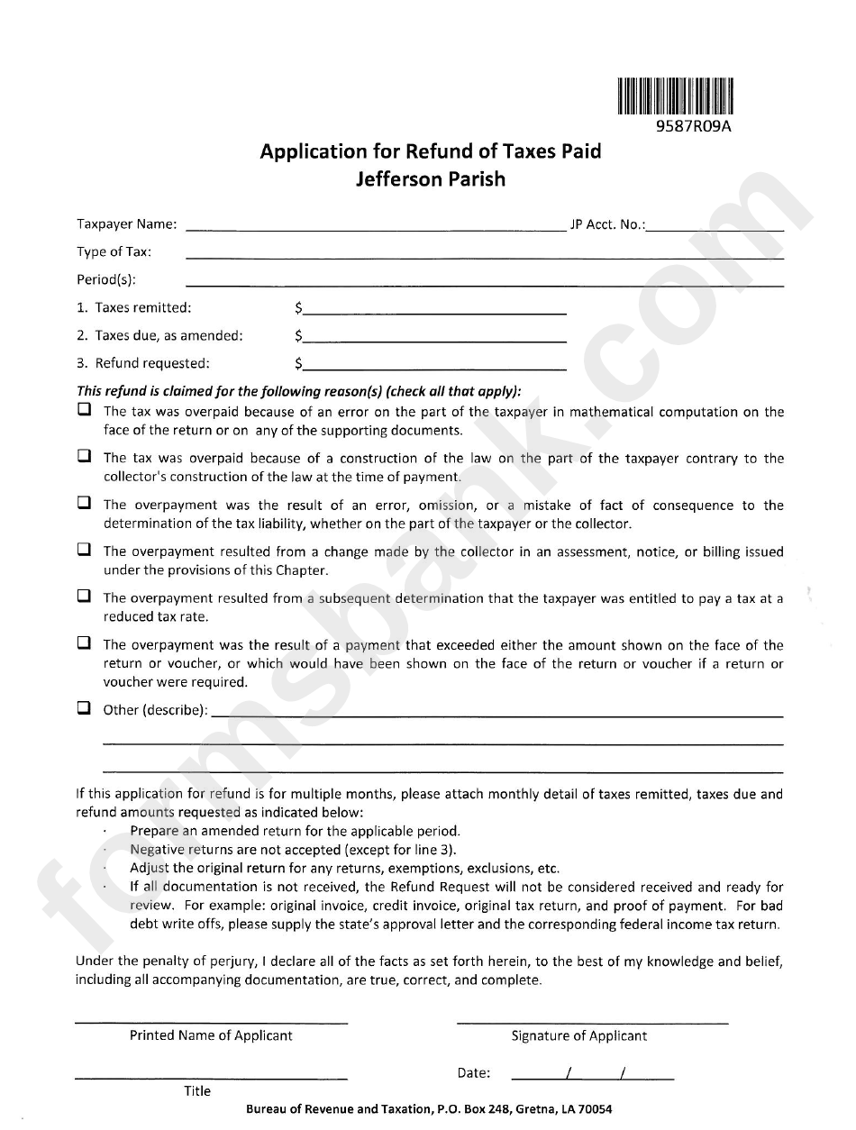 Application For Refund Of Taxes Paid - City Of Jefferson Parish