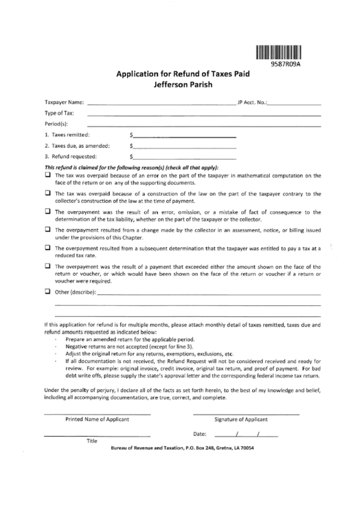 Application For Refund Of Taxes Paid - City Of Jefferson Parish Printable pdf