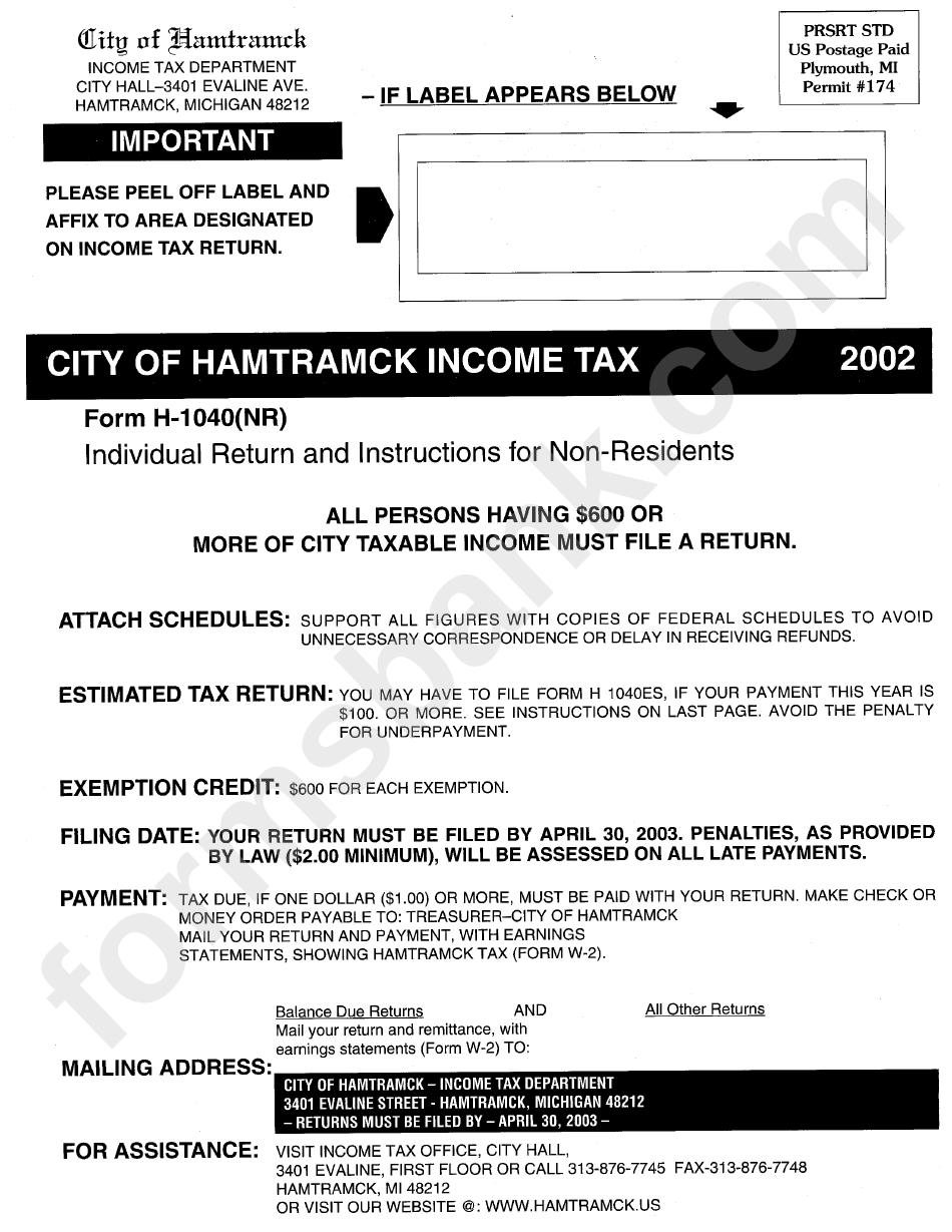 Form H-1040(Nr) - Individual Return For Non-Residents Instructions - 2002