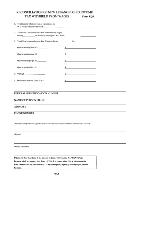 Form Eqr - Income Tax Withheld From Wages Printable pdf