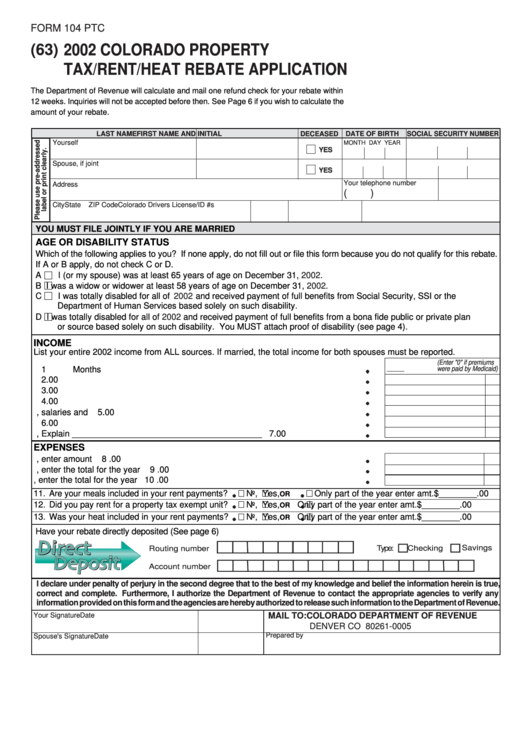 Form 104 Ptc - Colorado Property Tax/rent/heat Rebate Application - 2002 Printable pdf