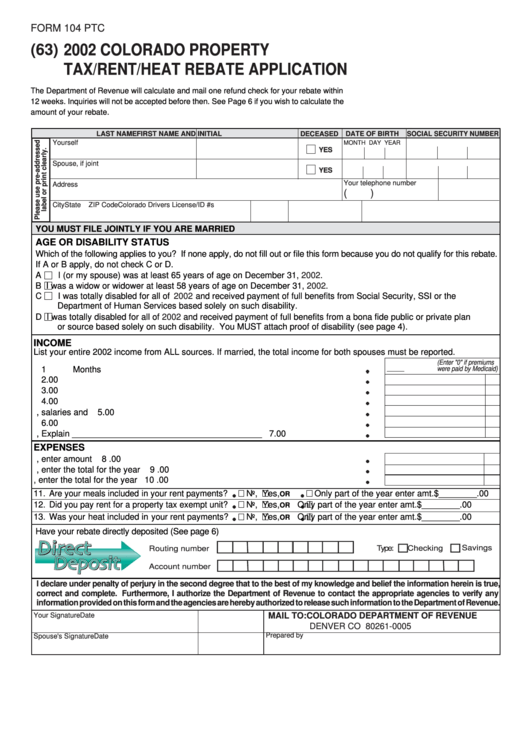 Form 104 Ptc - Colorado Property Tax/rent/heat Rebate Application ...