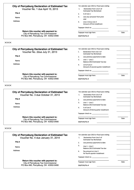 Fillable Declaration Of Estimated Tax Form - City Of Perrysburg - 2013 Printable pdf