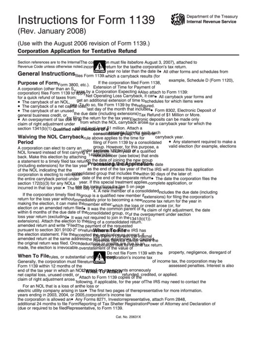 Instructions For Form 1139 - Corporation Application For Tentative Refund Printable pdf