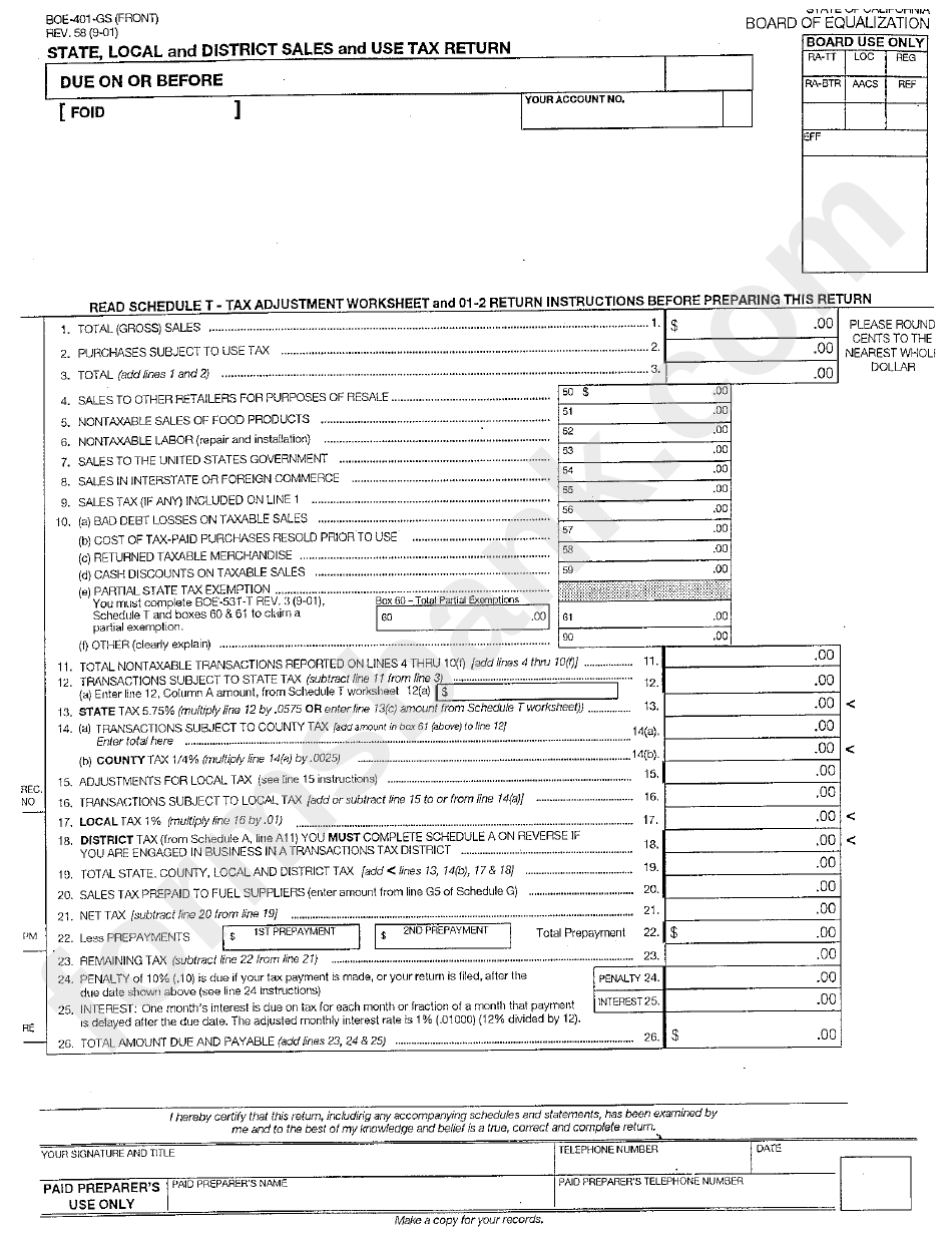 Form Boe-401-Gs - State, Local And District Sales And Use Tax Return