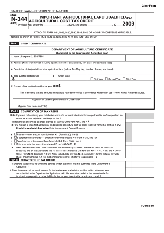 Form N-344 - Important Agricultural Land Qualified Agricultural Cost Tax Credit - 2009