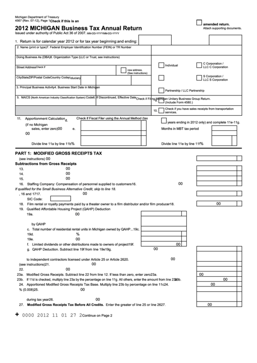 Form 4567 - Michigan Business Tax Annual Return - 2012 Printable pdf