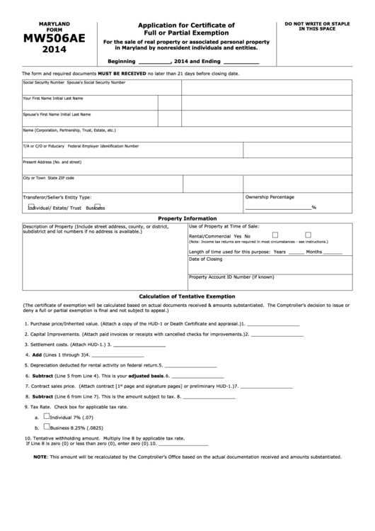Fillable Form Mw506ae - Application For Certificate Of Full Or Partial Exemption - 2014 Printable pdf