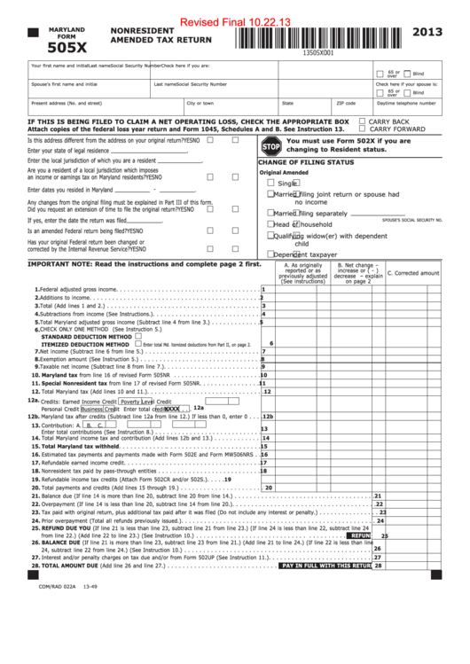 Maryland Form 505x - Nonresident Amended Tax Return - 2013 Printable pdf