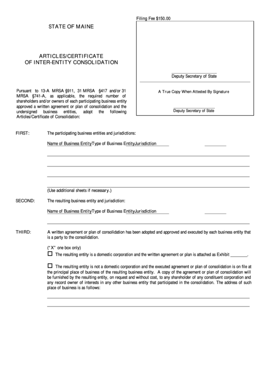 Fillable Form Cons - Articles/certificate Of Inter-Entity Consolidation Printable pdf