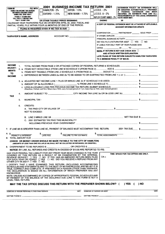 Form Br - Business Income Tax Return - 2001 Printable pdf