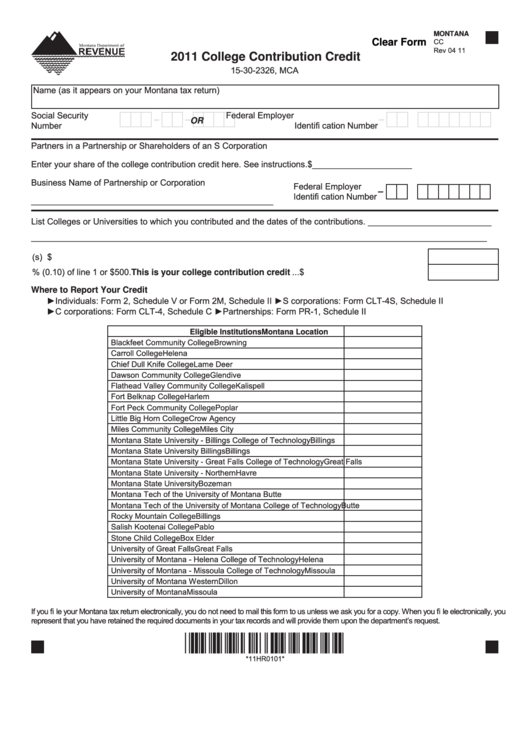 Fillable Montana Form Cc - College Contribution Credit - 2011 Printable pdf