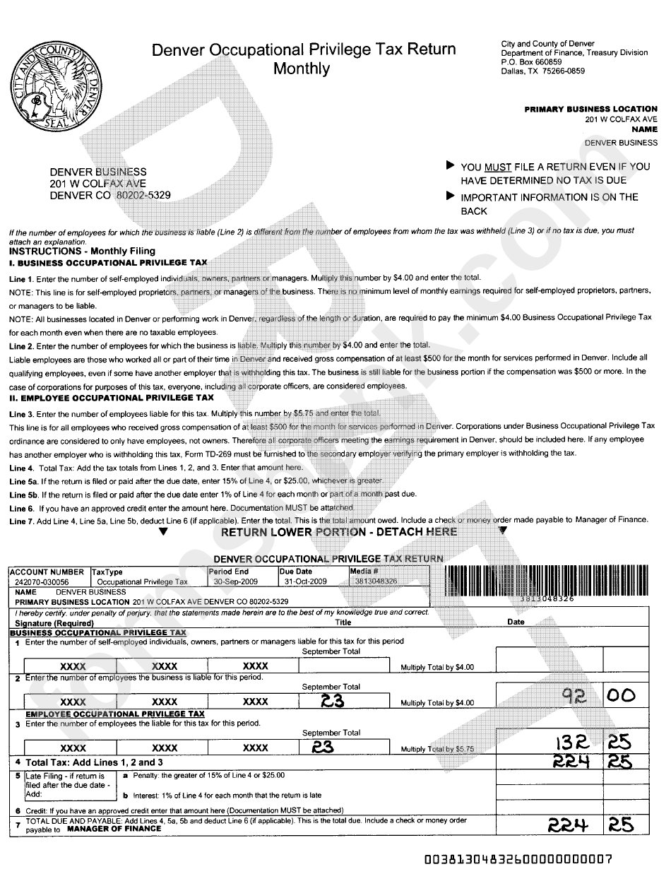 Denver Occupational Privilege Tax Return Monthly - Draft