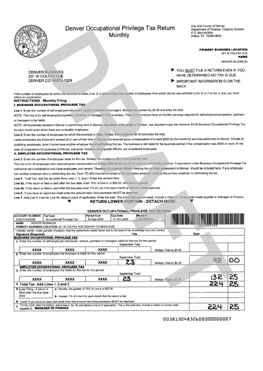 Denver Occupational Privilege Tax Return Monthly - Draft Printable pdf