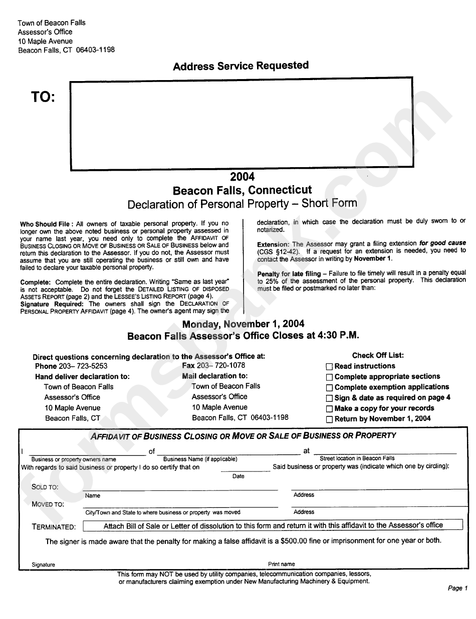 Affidavit Of Business Closing Or Move Or Sale Of Business Or Property - Town Of Beacon Falls