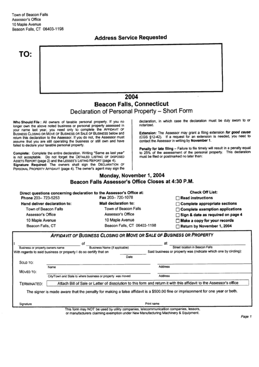Affidavit Of Business Closing Or Move Or Sale Of Business Or Property - Town Of Beacon Falls Printable pdf