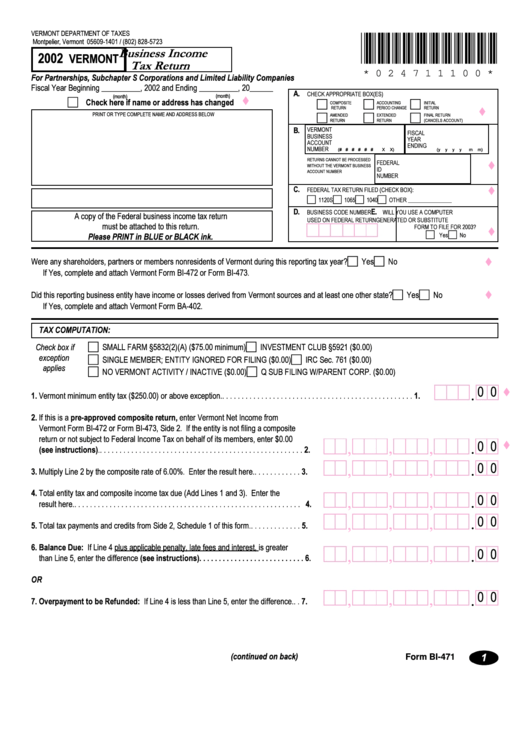 Form Bi-471 - Business Income Tax Return - 2002 Printable pdf