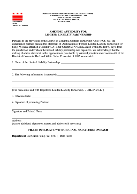 Amended Authority For Limited Liability Partnership Form - Government Of The District Of Columbia Printable pdf
