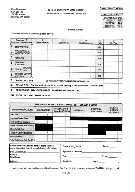 Business And Occupational Tax Return - City Of Longview Printable pdf