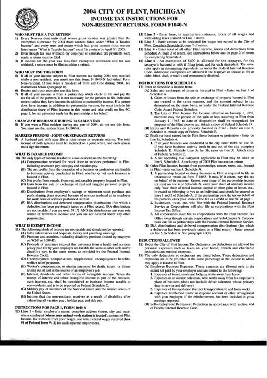 City Of Flint Income Tax Instructions For Non-Resident Returns, Form F1040-N - 2004 Printable pdf