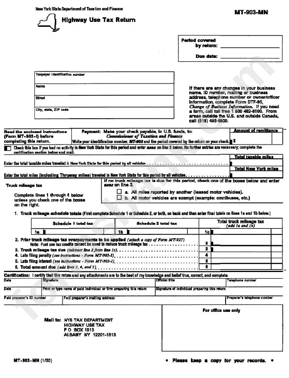 Form Mt-903-Mn - Highway Use Tax Return - Department Of Taxation And Finance