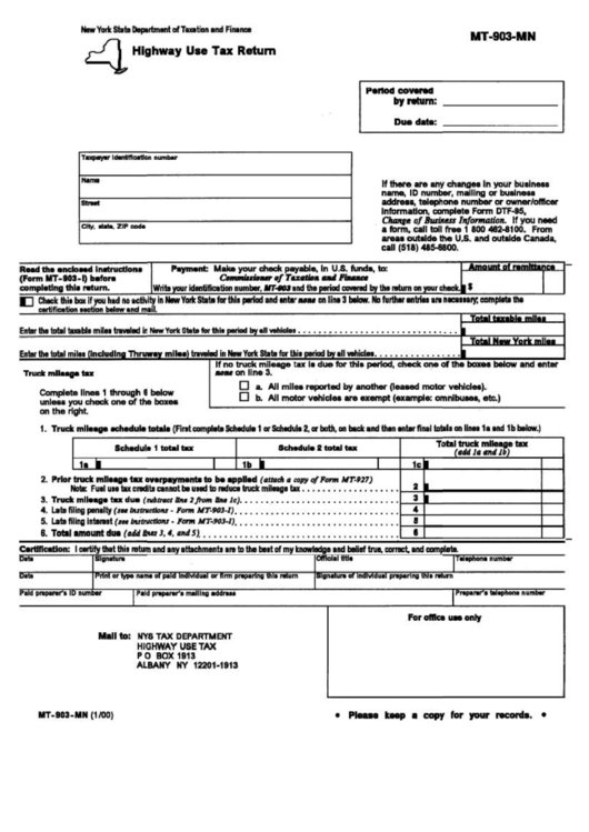 Form Mt-903-Mn - Highway Use Tax Return - Department Of Taxation And Finance Printable pdf