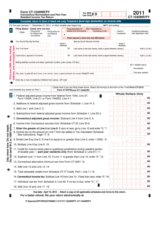 Form Ct-1040nr/py - Connecticut Nonresident And Part-Year Resident Income Tax Return - 2011 Printable pdf