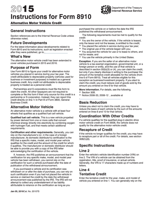 Instructions For Form 8910 - Alternative Motor Vehicle Credit - 2015 Printable pdf