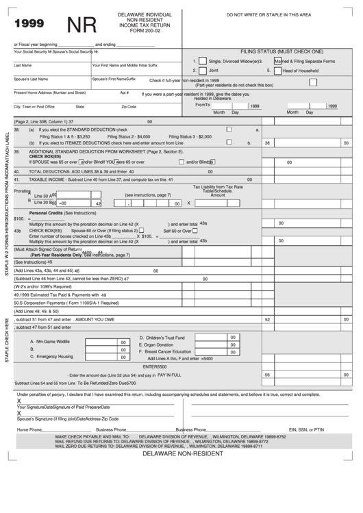 Form 200-02 - Delaware Individual Non-Resident Income Tax Return - 1999 Printable pdf