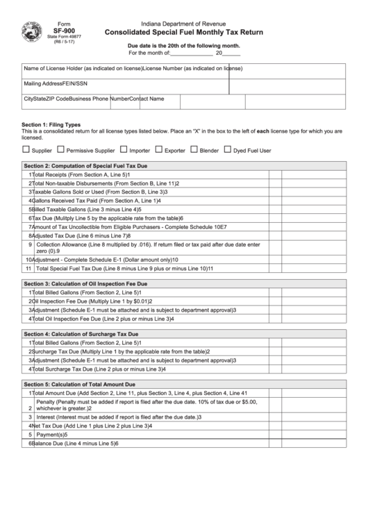 Fillable Form Sf-900 - Consolidated Special Fuel Monthly Tax Return - 2017 Printable pdf