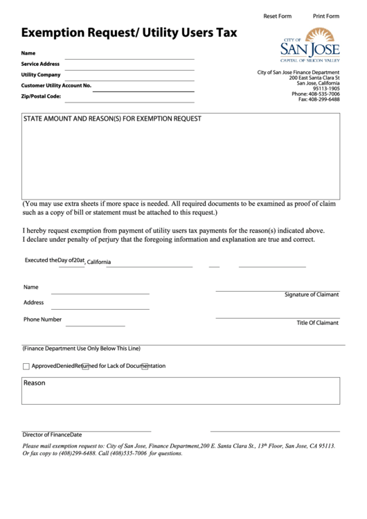 Fillable Exemption Request/ Utility Users Tax - City Of San Jose Printable pdf