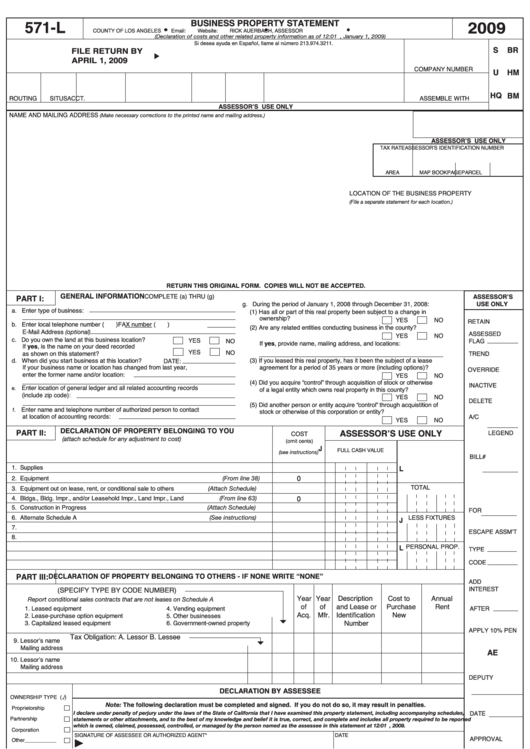 Fillable Form Boe-571-L - Business Property Statement - 2009 Printable pdf