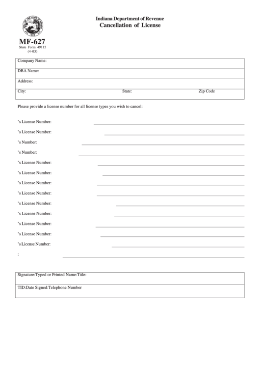 Form Mf-627 - Cancellation Of License Printable pdf
