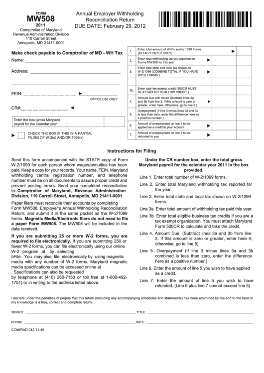 Fillable Form Mw508 - Annual Employer Withholding - 2011 Printable pdf