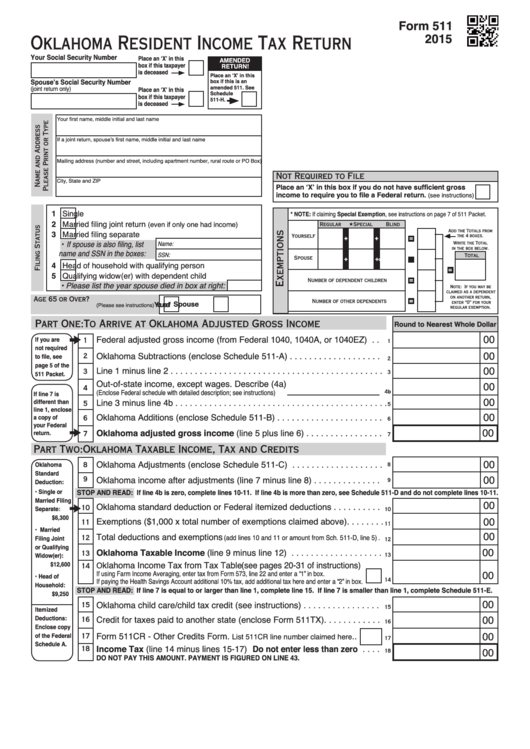 Fillable Form 511 - Oklahoma Resident Income Tax Return - 2015 Printable pdf