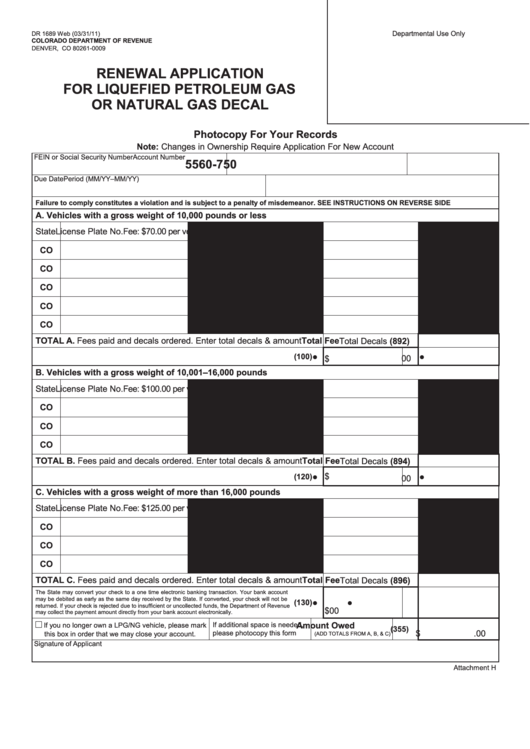 Dr 1689 - Renewal Application For Liquefied Petroleum Gas Or Natural Gas Decal - Printable pdf