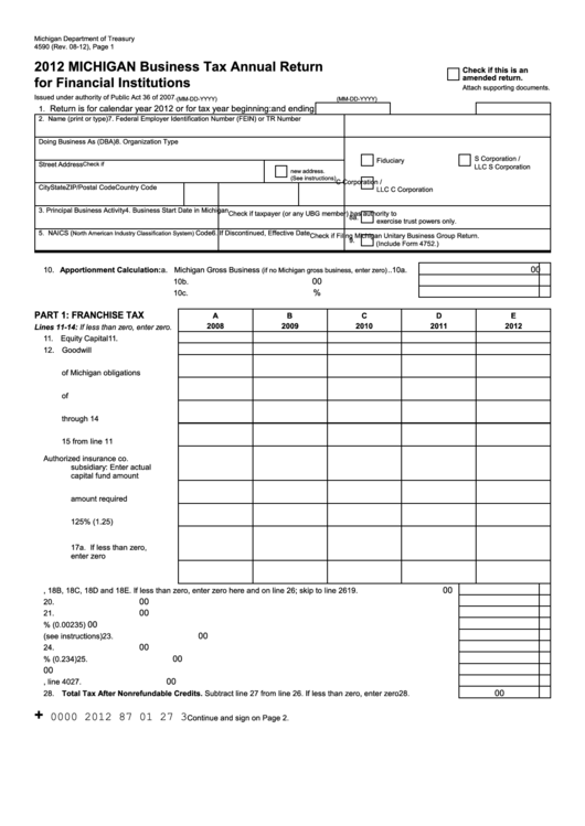 Form 4590 - Michigan Business Tax Annual Return For Financial Institutions - 2012 Printable pdf