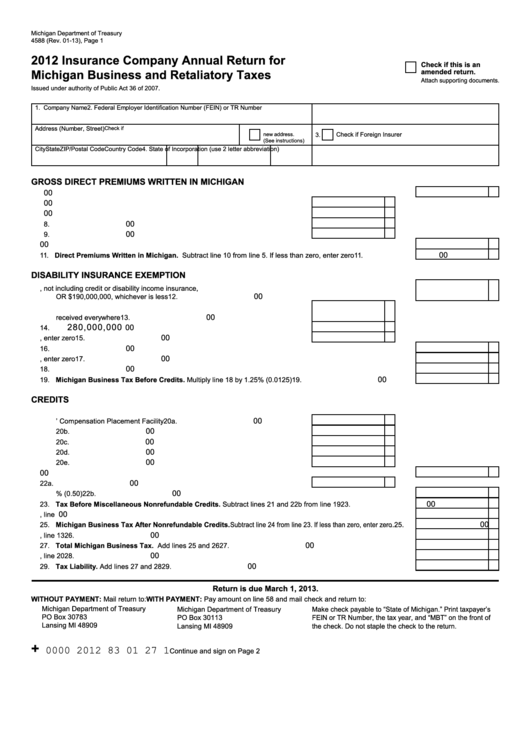 Form 4588 - Insurance Company Annual Return For Michigan Business And Retaliatory Taxes - 2012 Printable pdf