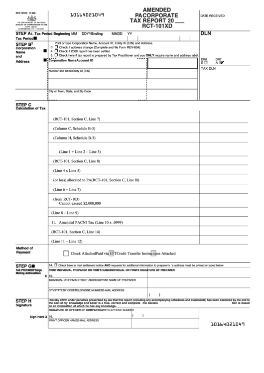 Form Rct-101xd - Amended Pa Corporate Tax Report Printable pdf