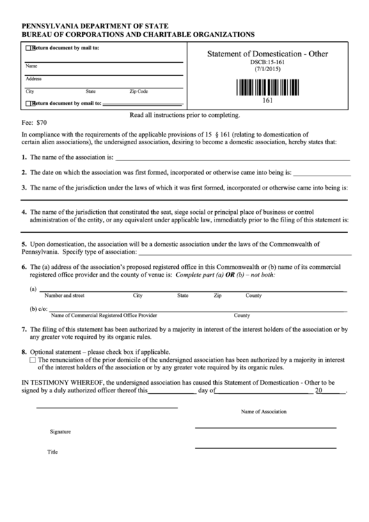 Form Dscb:15-161 - Statement Of Domestication - Other Printable pdf